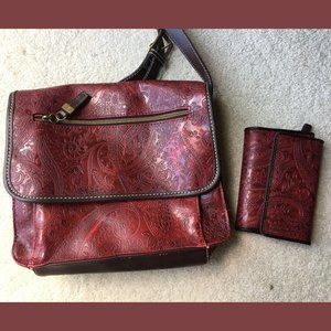 Relic red wine paisley leather embossed crossbody purse and wallet